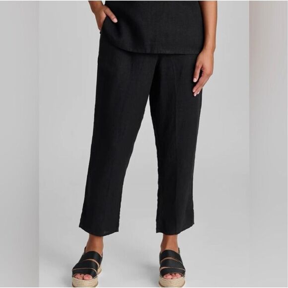 FLAX Linen Pants Black Women’s S Lagenlook Wide Tapered Leg Flowy Zip Button - Picture 1 of 14